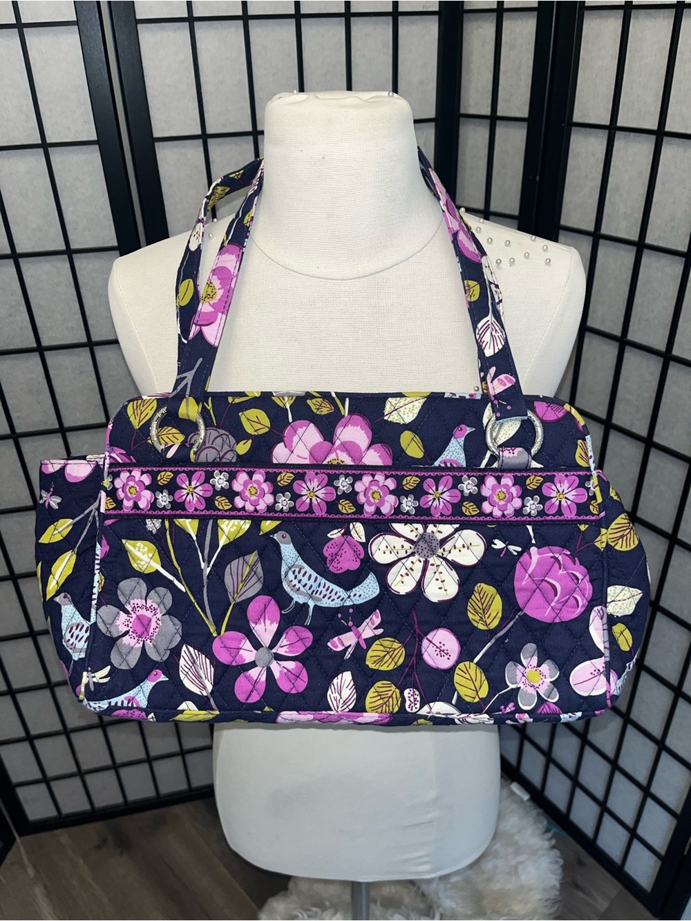 Floral Quilted Navy and Pink Shoulder Bag
